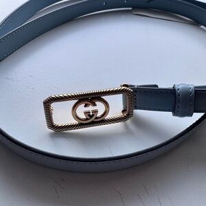 Gucci Light Blue Belt with Gold GG Buckle